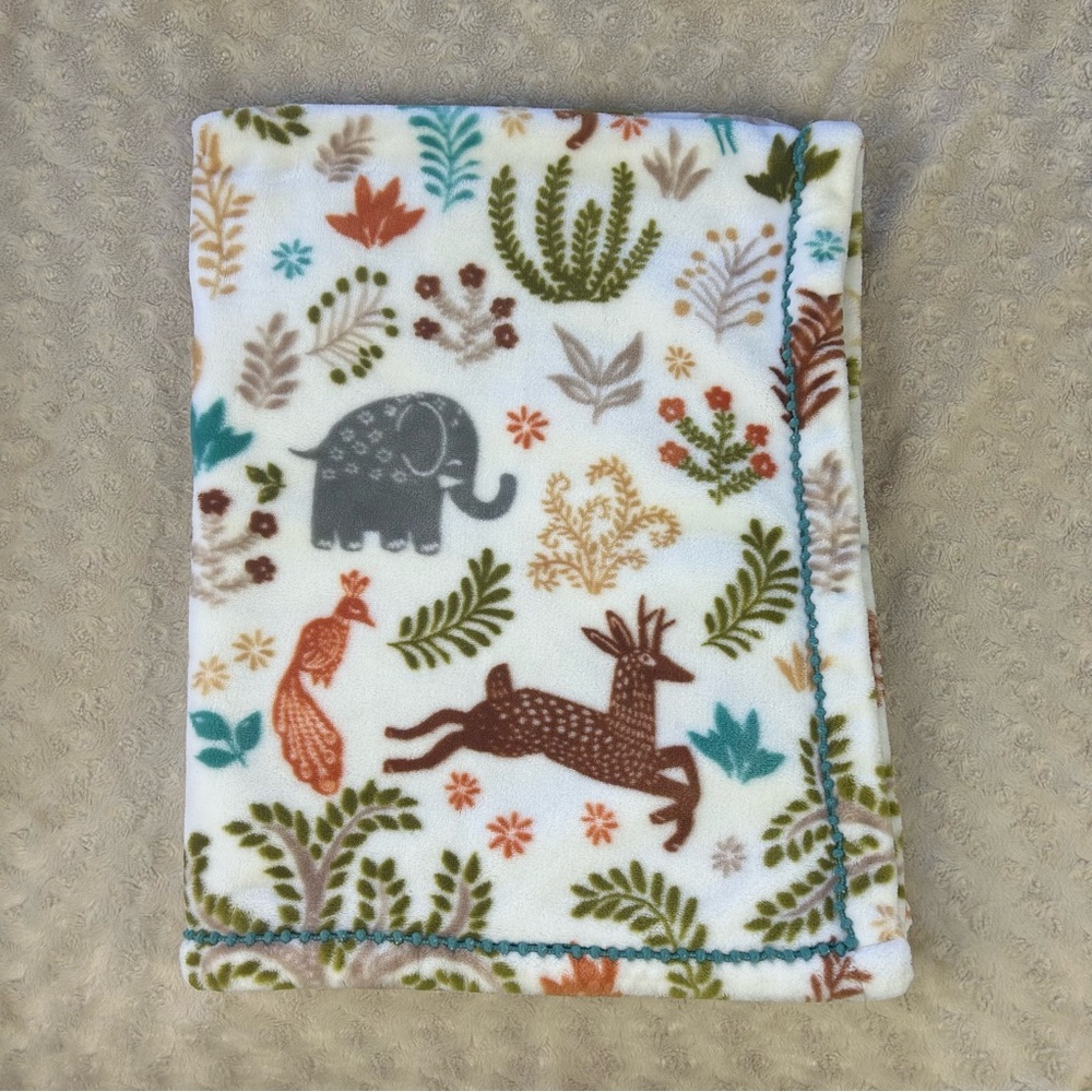 Levtex Baby Jungalo Baby Blanket Peacock Deer Elephant Bird Leaves Tree Blue